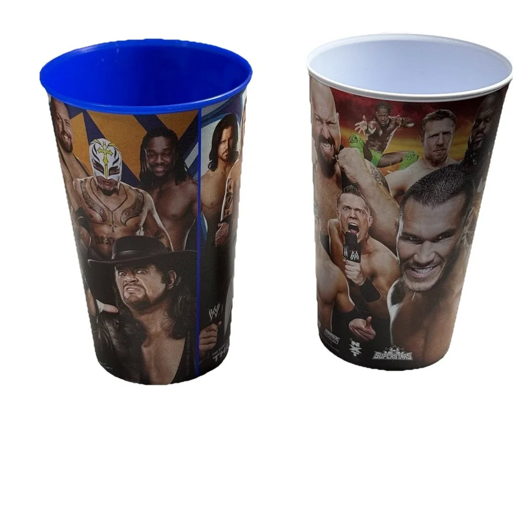 2 Vintage WWE Blue & White Collectible Plastic Souvenir Cups Wrestling Superstar